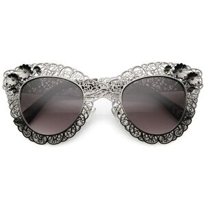 Women's Ornate Filigree Round Sunglasses - Black Silver